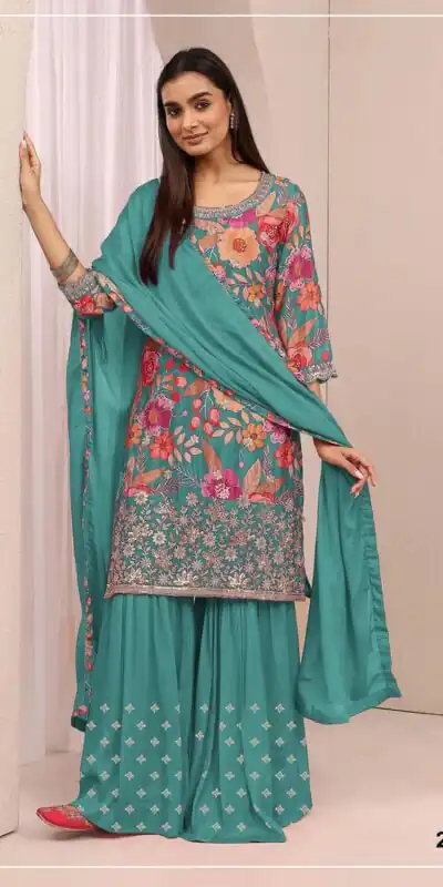 FC 2114 Firozi Chinon Salwar Suit with Embroidery Work & Digital Print. Festive Deal ₹2449. Delivery 4-6 Working Days. Shop now. | Jump Suits, Salwar suit, Casual Suits, Creative suits, Designer Suits, Palazzo Suits, Party Wear Suits, Patiala Suits, Straight Suits