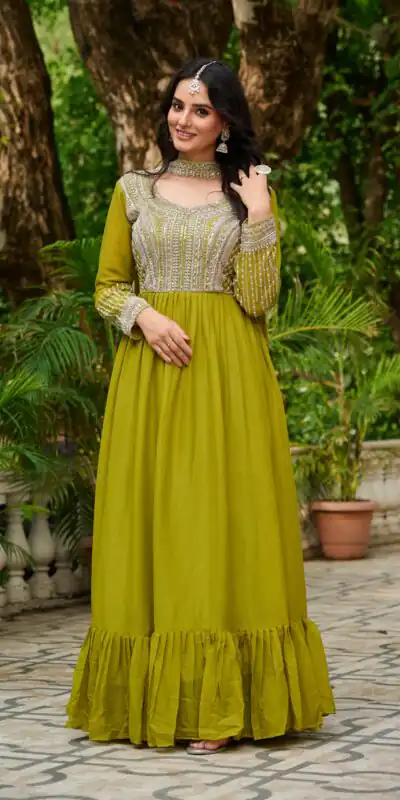 Alluring Green Georgette Beads Sequins Work Gown | Gowns, Bollywood Gowns, Creative Gowns, Designer Gowns, Embroidered Gowns, Party Wear Gowns