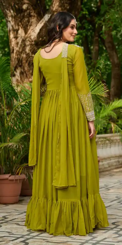 Alluring Green Georgette Beads Sequins Work Gown | Gowns, Bollywood Gowns, Creative Gowns, Designer Gowns, Embroidered Gowns, Party Wear Gowns