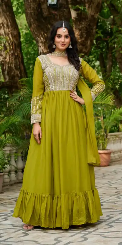 Alluring Green Georgette Beads Sequins Work Gown | Gowns, Bollywood Gowns, Creative Gowns, Designer Gowns, Embroidered Gowns, Party Wear Gowns