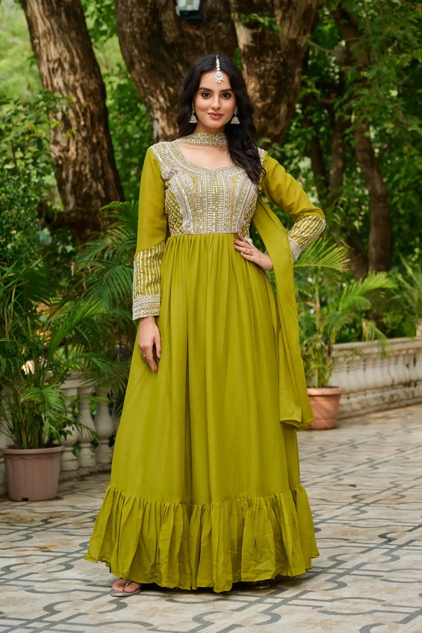 Alluring Green Georgette Beads Sequins Work Gown | Gowns, Bollywood Gowns, Creative Gowns, Designer Gowns, Embroidered Gowns, Party Wear Gowns