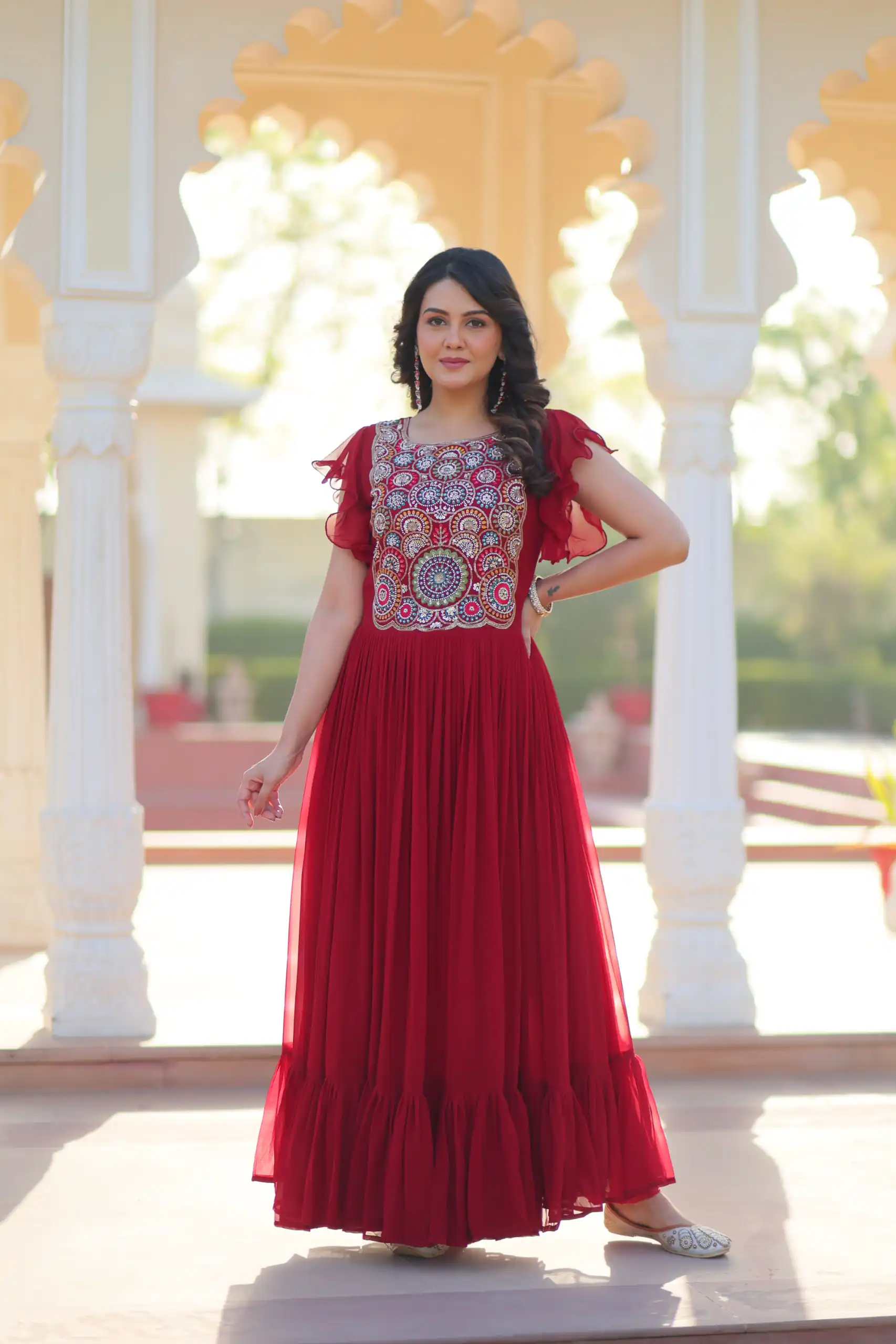 KA 1179 Maroon Faux Blooming Gown with Embroidery Work & Sequins Work. Special Price ₹1769. Delivery 4-6 Working Days. Shop now. | Gowns, Bollywood Gowns, Creative Gowns, Designer Gowns, Embroidered Gowns, Party Wear Gowns