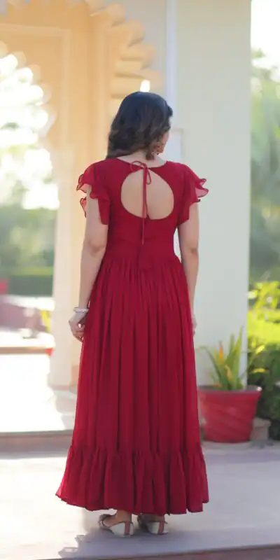 KA 1179 Maroon Faux Blooming Gown with Embroidery Work & Sequins Work. Special Price ₹1769. Delivery 4-6 Working Days. Shop now. | Gowns, Bollywood Gowns, Creative Gowns, Designer Gowns, Embroidered Gowns, Party Wear Gowns