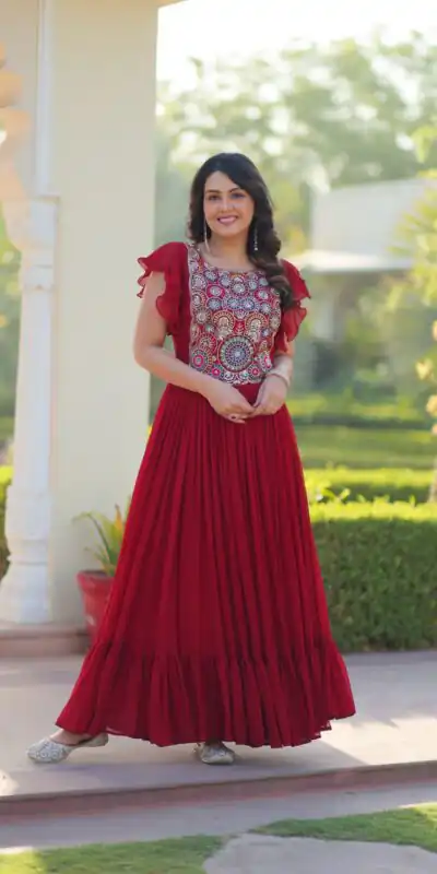 KA 1179 Maroon Faux Blooming Gown with Embroidery Work & Sequins Work. Special Price βΉ1769. Delivery 4-6 Working Days. Shop now. | Gowns, Bollywood Gowns, Creative Gowns, Designer Gowns, Embroidered Gowns, Party Wear Gowns