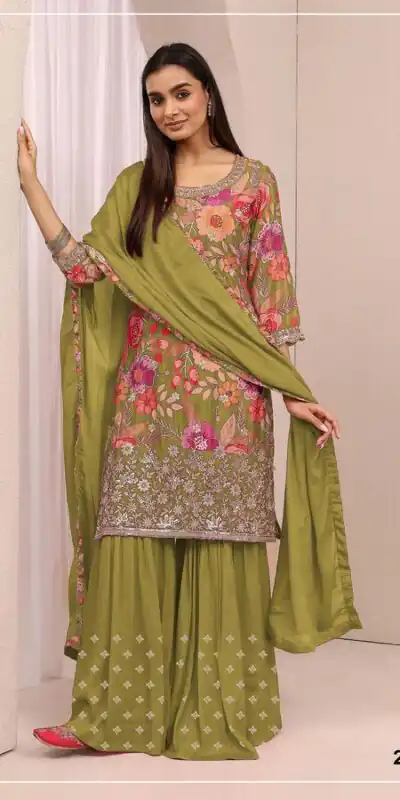 FC 2114 Mehandi Chinon Salwar Suit with Embroidery Work & Digital Print. Festive Deal ₹2449. Delivery 4-6 Working Days. Shop now. | Jump Suits, Salwar suit, Casual Suits, Creative suits, Designer Suits, Palazzo Suits, Party Wear Suits, Patiala Suits, Straight Suits