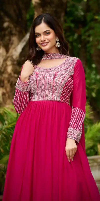 Alluring Pink Georgette Beads Sequins Work Gown | Gowns, Bollywood Gowns, Creative Gowns, Designer Gowns, Embroidered Gowns, Party Wear Gowns