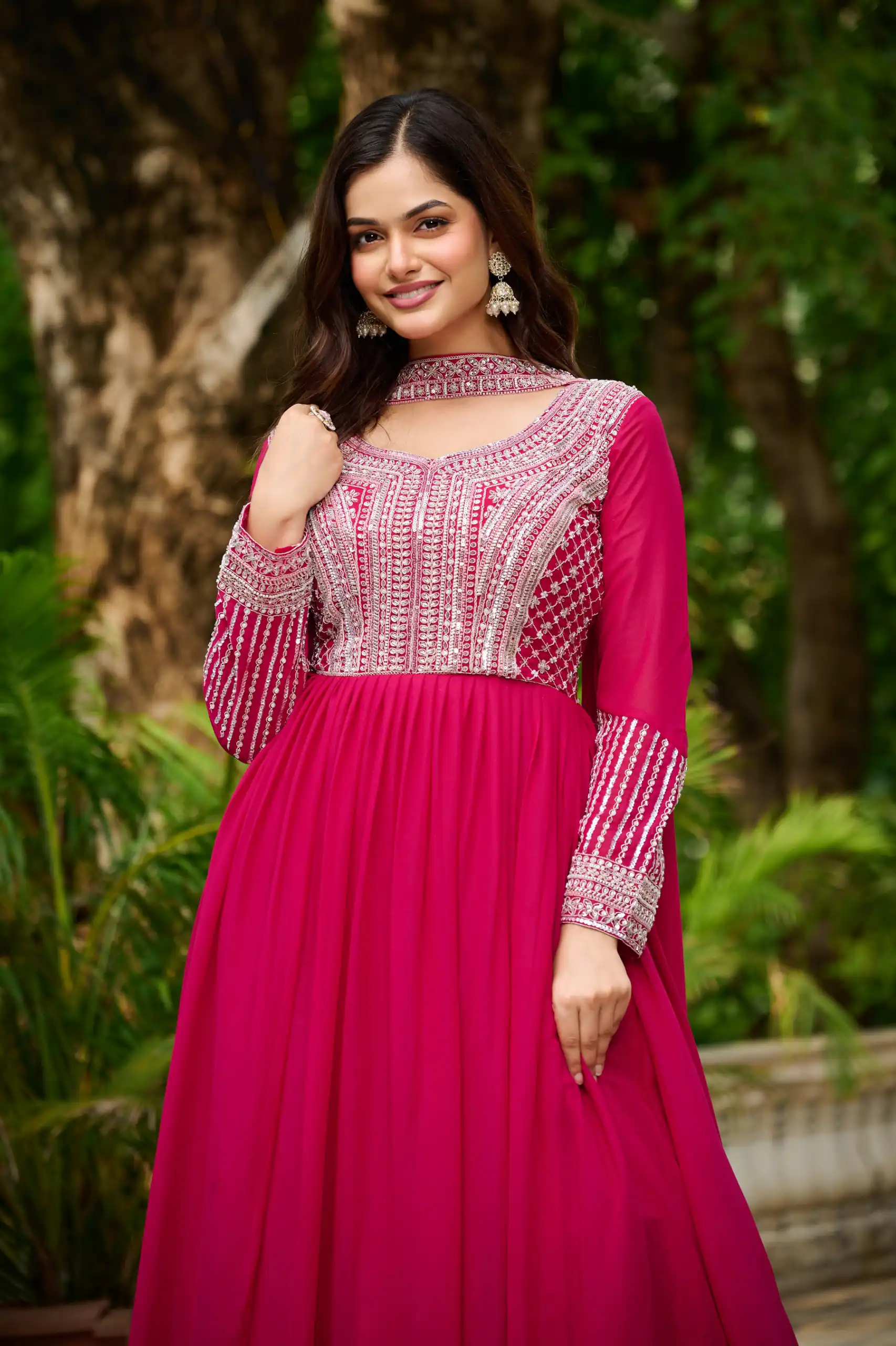 Alluring Pink Georgette Beads Sequins Work Gown | Gowns, Bollywood Gowns, Creative Gowns, Designer Gowns, Embroidered Gowns, Party Wear Gowns