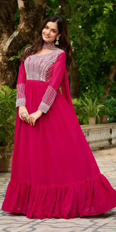 Alluring Pink Georgette Beads Sequins Work Gown | Gowns, Bollywood Gowns, Creative Gowns, Designer Gowns, Embroidered Gowns, Party Wear Gowns