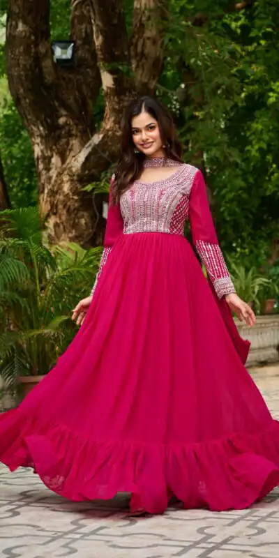Alluring Pink Georgette Beads Sequins Work Gown | Gowns, Bollywood Gowns, Creative Gowns, Designer Gowns, Embroidered Gowns, Party Wear Gowns