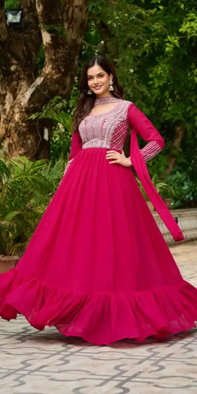 Alluring Pink Georgette Beads Sequins Work Gown | Gowns, Bollywood Gowns, Creative Gowns, Designer Gowns, Embroidered Gowns, Party Wear Gowns