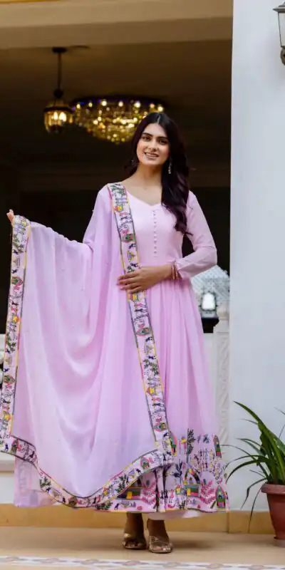 Alluring Pink Georgette Embroider Work Gown | Gowns, Bollywood Gowns, Creative Gowns, Designer Gowns, Embroidered Gowns, Party Wear Gowns