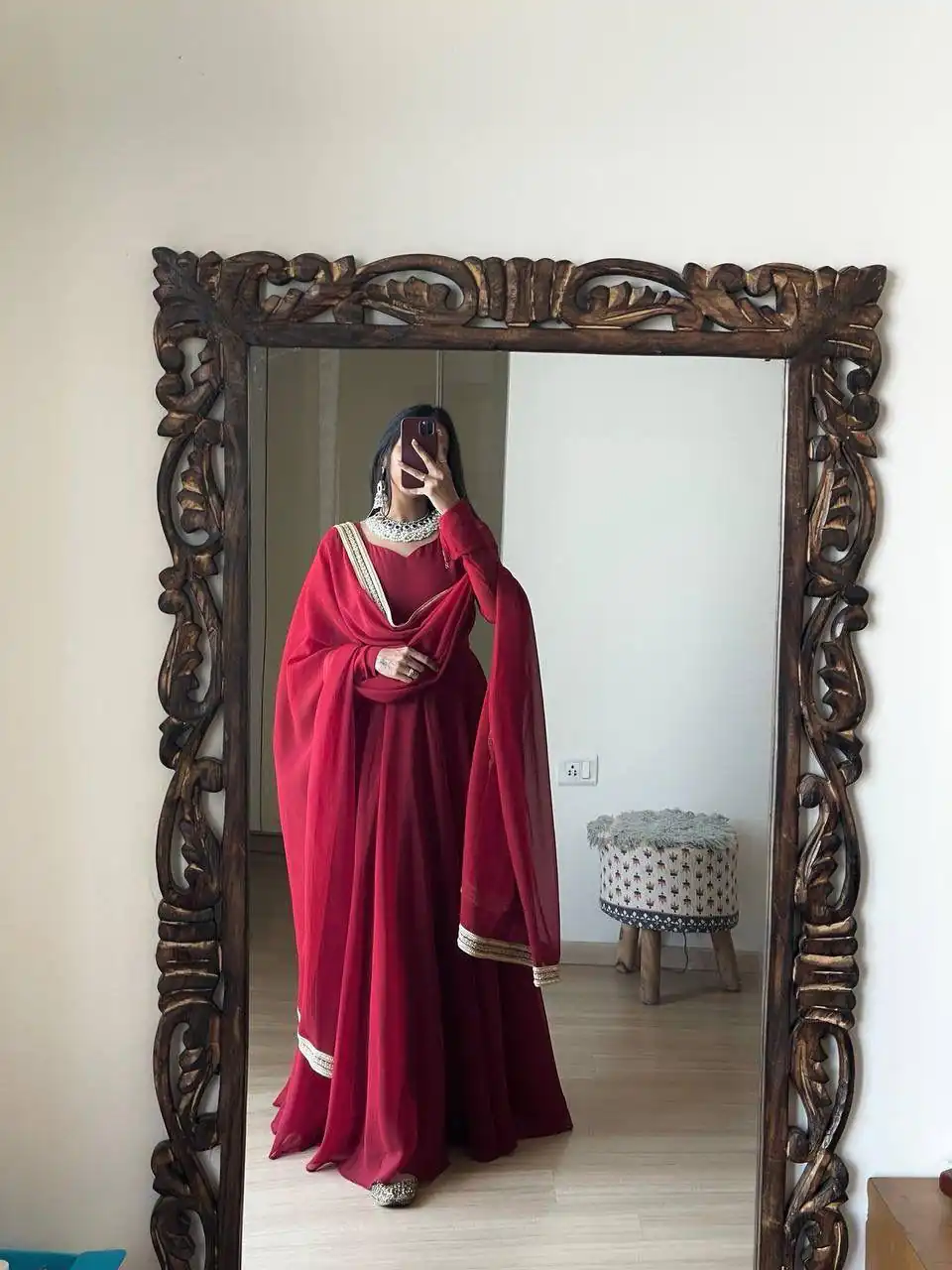 Alluring Red Georgette With Lace Work Gown | Gowns, Bollywood Gowns, Creative Gowns, Designer Gowns, Embroidered Gowns, Party Wear Gowns