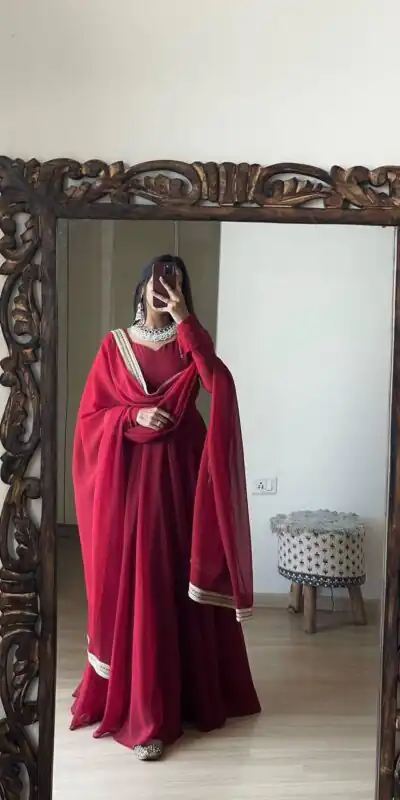 Alluring Red Georgette With Lace Work Gown | Gowns, Bollywood Gowns, Creative Gowns, Designer Gowns, Embroidered Gowns, Party Wear Gowns