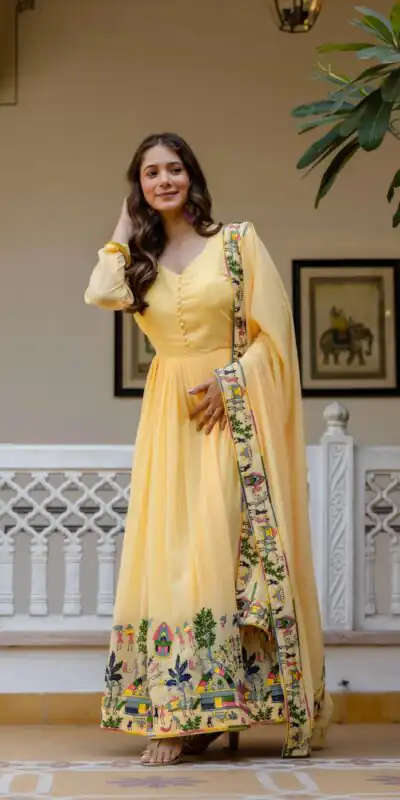 Alluring Yellow Georgette Embroider Work Gown | Gowns, Bollywood Gowns, Creative Gowns, Designer Gowns, Embroidered Gowns, Party Wear Gowns