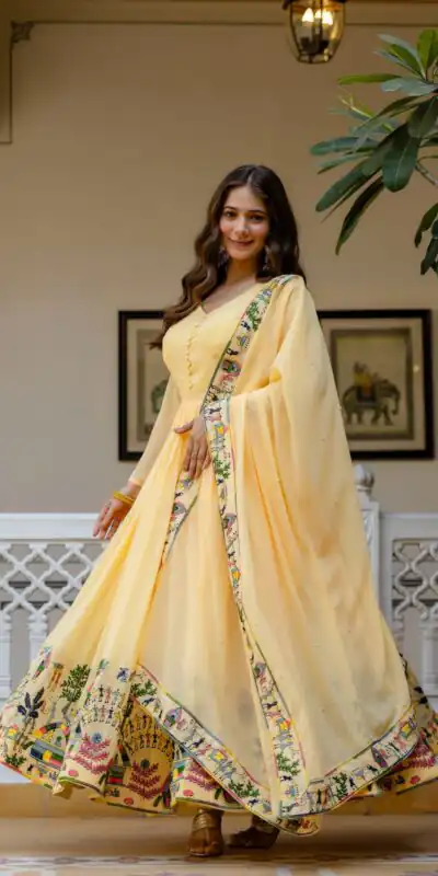 Alluring Yellow Georgette Embroider Work Gown | Gowns, Bollywood Gowns, Creative Gowns, Designer Gowns, Embroidered Gowns, Party Wear Gowns