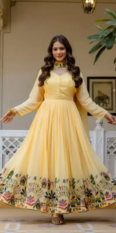 Alluring Yellow Georgette Embroider Work Gown | Gowns, Bollywood Gowns, Creative Gowns, Designer Gowns, Embroidered Gowns, Party Wear Gowns