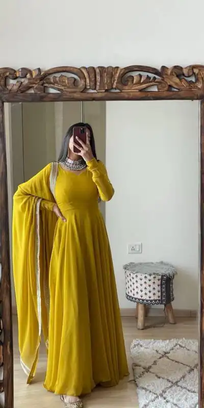 Alluring Yellow Georgette With Lace Work Gown | Gowns, Bollywood Gowns, Creative Gowns, Designer Gowns, Embroidered Gowns, Party Wear Gowns