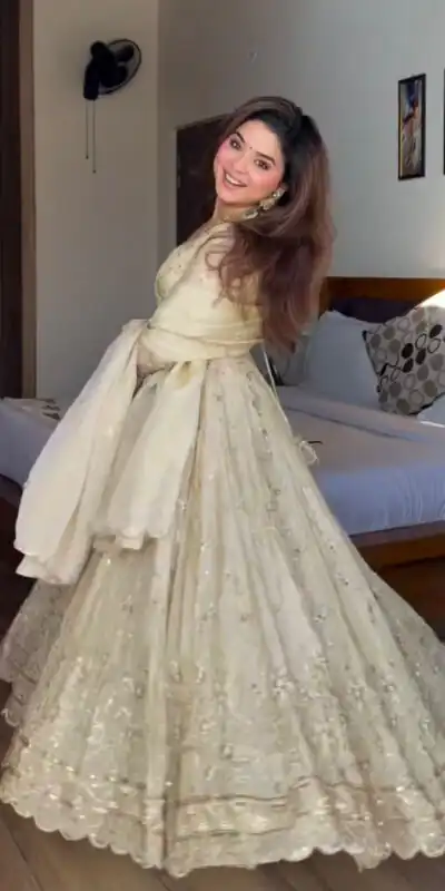 Attractive Cream Chinon Silk Sequence Work Gown | Gowns, Bollywood Gowns, Creative Gowns, Designer Gowns, Embroidered Gowns, Party Wear Gowns