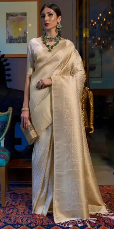 Attractive Off White Lichi Silk Jacquard Work Saree | Sarees, Bollywood Sarees, Creative Sarees, Designer Sarees, Embroidered Sarees, Ethnic Saree, Modern Digital sarees, Party Wear Sarees