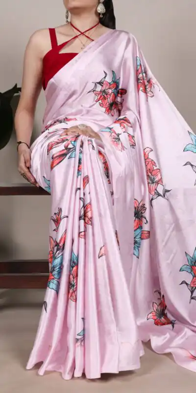 Baby Pink Satin Silk With Floral Printed Saree | Sarees, Bollywood Sarees, Creative Sarees, Designer Sarees, Embroidered Sarees, Ethnic Saree, Modern Digital sarees, Party Wear Sarees