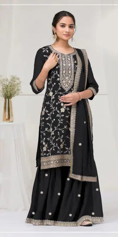 Black Blooming Vichitra Embroidery Work Salwar Suit | Jump Suits, Tops & Bottoms, Track Suits, Salwar suit, Casual Suits, Creative suits, Designer Suits, Palazzo Suits, Party Wear Suits, Patiala Suits, Straight Suits, Trendy Wear