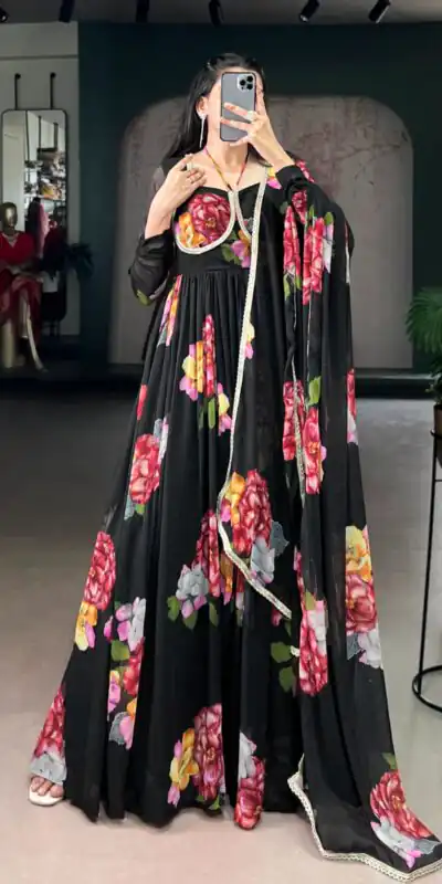 Black Chiffon Floral Print Lace Work Gown | Gowns, Bollywood Gowns, Creative Gowns, Embroidered Gowns, Party Wear Gowns