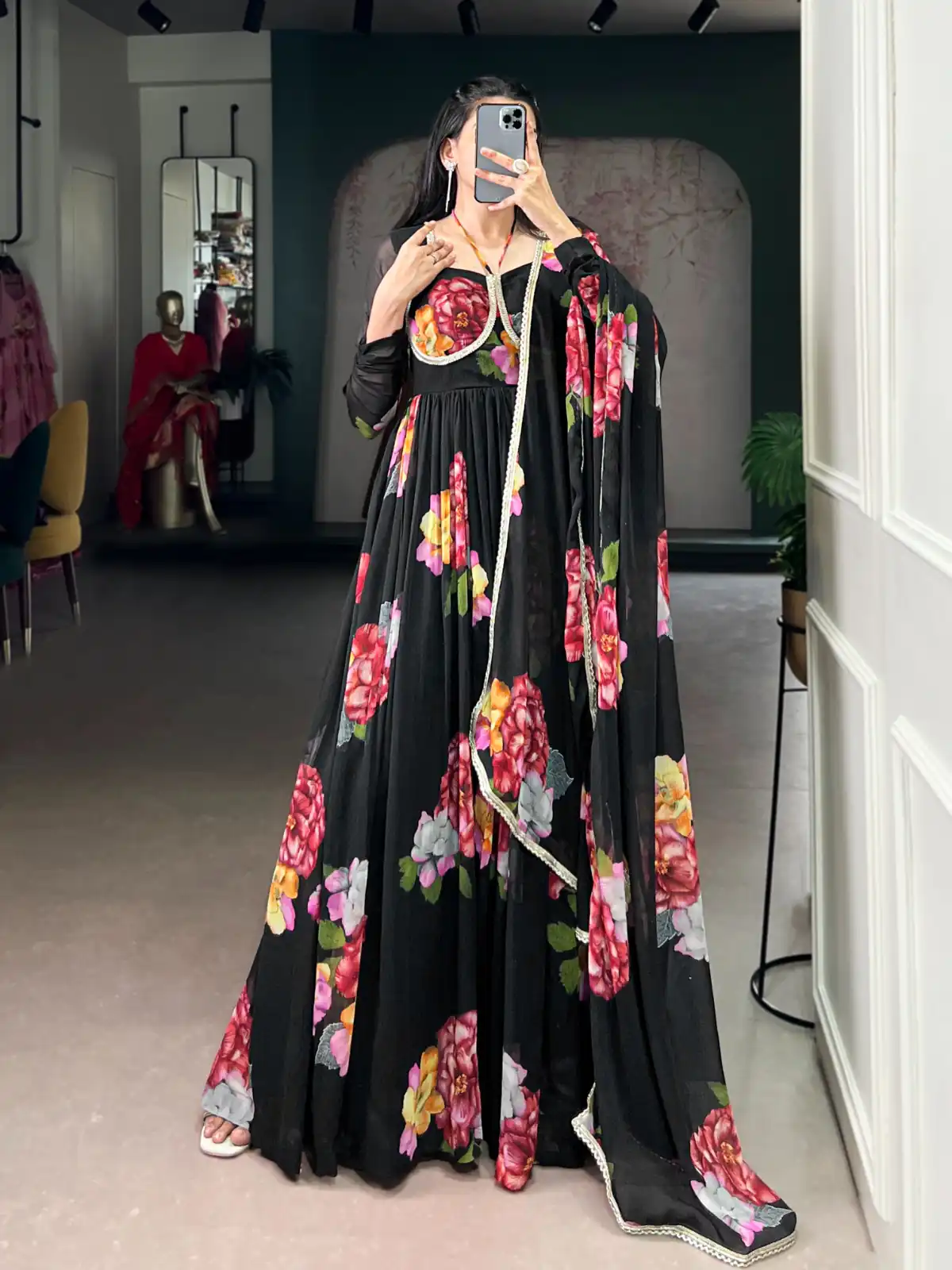 Black Chiffon Floral Print Lace Work Gown | Gowns, Bollywood Gowns, Creative Gowns, Embroidered Gowns, Party Wear Gowns
