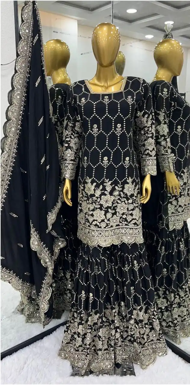 Black Chinnon Silk Embroidery Work Sharara Suit | Salwar suit, Casual Suits, Creative suits, Designer Suits, Palazzo Suits, Party Wear Suits, Straight Suits