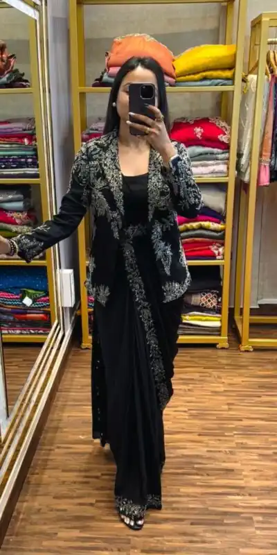 Black Chinon Embroidery Lace Work Saree | Sarees, Bollywood Sarees, Creative Sarees, Designer Sarees, Embroidered Sarees, Ethnic Saree, Modern Digital sarees, Party Wear Sarees