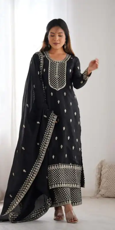 Black Chinon Silk Embroidery Jari Work Salwar Suit | Jump Suits, Salwar suit, Casual Suits, Creative suits, Designer Suits, Palazzo Suits, Party Wear Suits, Patiala Suits, Straight Suits