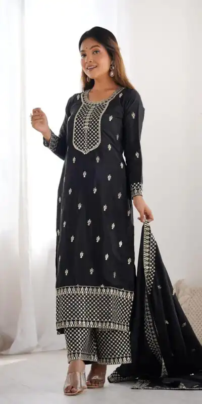 Black Chinon Silk Embroidery Jari Work Salwar Suit | Jump Suits, Salwar suit, Casual Suits, Creative suits, Designer Suits, Palazzo Suits, Party Wear Suits, Patiala Suits, Straight Suits