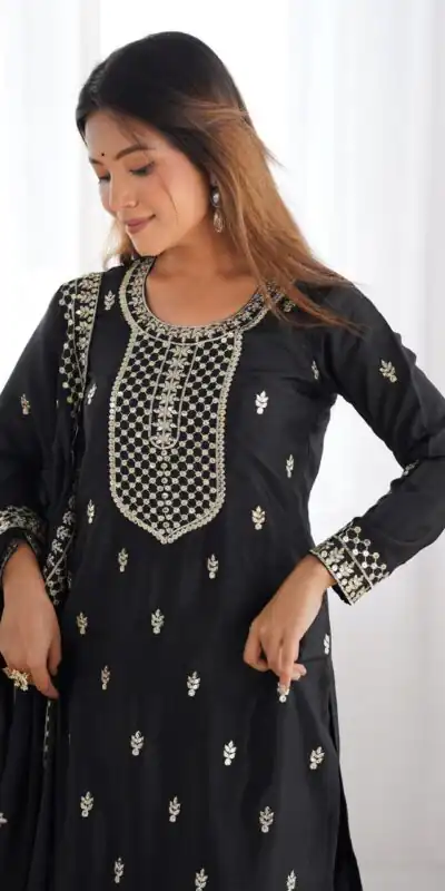 Black Chinon Silk Embroidery Jari Work Salwar Suit | Jump Suits, Salwar suit, Casual Suits, Creative suits, Designer Suits, Palazzo Suits, Party Wear Suits, Patiala Suits, Straight Suits