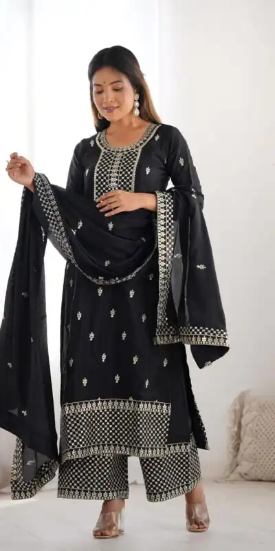 Black Chinon Silk Embroidery Jari Work Salwar Suit | Jump Suits, Salwar suit, Casual Suits, Creative suits, Designer Suits, Palazzo Suits, Party Wear Suits, Patiala Suits, Straight Suits