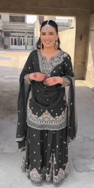Black Chinon Silk Thread Sequence Work Salwar Suit | Jump Suits, Salwar suit, Casual Suits, Creative suits, Designer Suits, Palazzo Suits, Party Wear Suits, Patiala Suits, Straight Suits