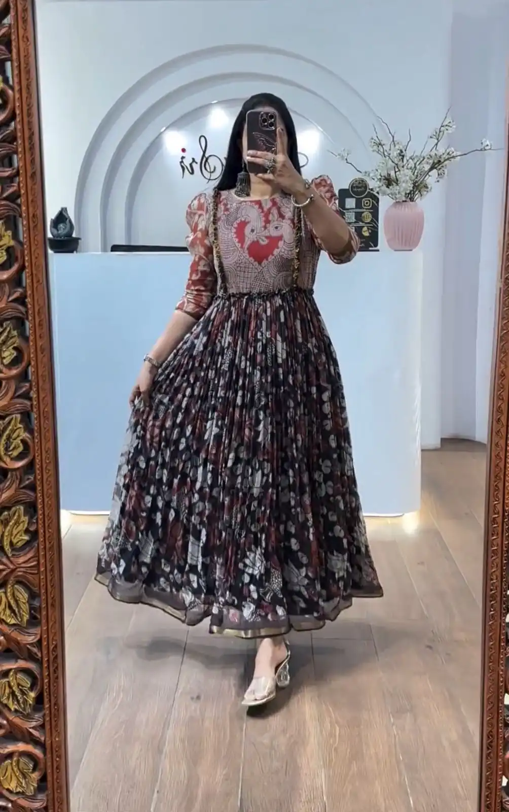 Black Cota Checks Kalamkari Print Gown | Gowns, Bollywood Gowns, Creative Gowns, Designer Gowns, Embroidered Gowns, Party Wear Gowns