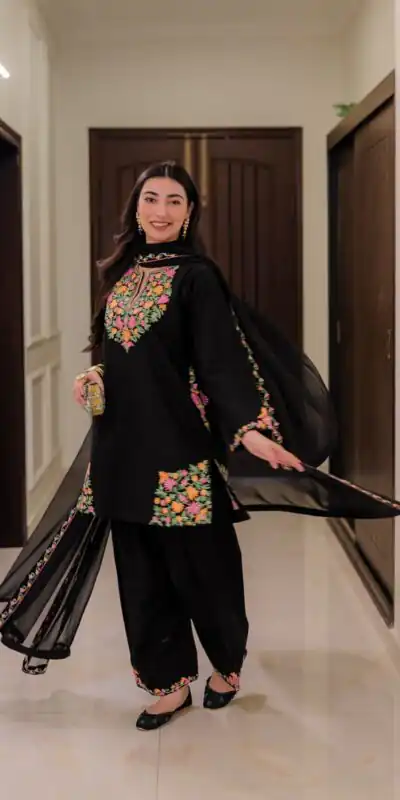 Black Crape Silk Embroidery Work Salwar Suit | Jump Suits, Salwar suit, Casual Suits, Creative suits, Designer Suits, Palazzo Suits, Party Wear Suits, Patiala Suits, Straight Suits