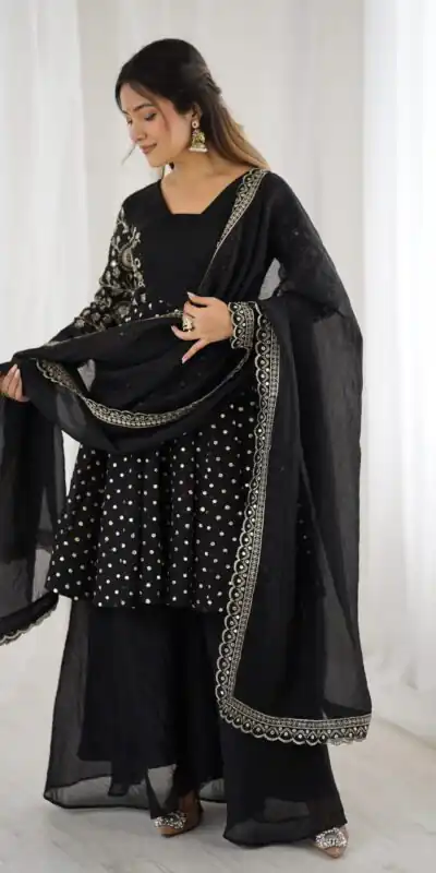 Black Crunchy Silk Embroidery Work Salwar Suit | Jump Suits, Salwar suit, Casual Suits, Creative suits, Designer Suits, Palazzo Suits, Party Wear Suits, Patiala Suits, Straight Suits