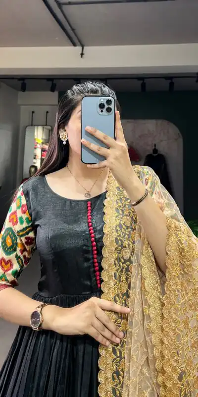Black Dola Silk Print Foil Work With Dupatta Gown | Gowns, Bollywood Gowns, Creative Gowns, Designer Gowns, Embroidered Gowns, Party Wear Gowns