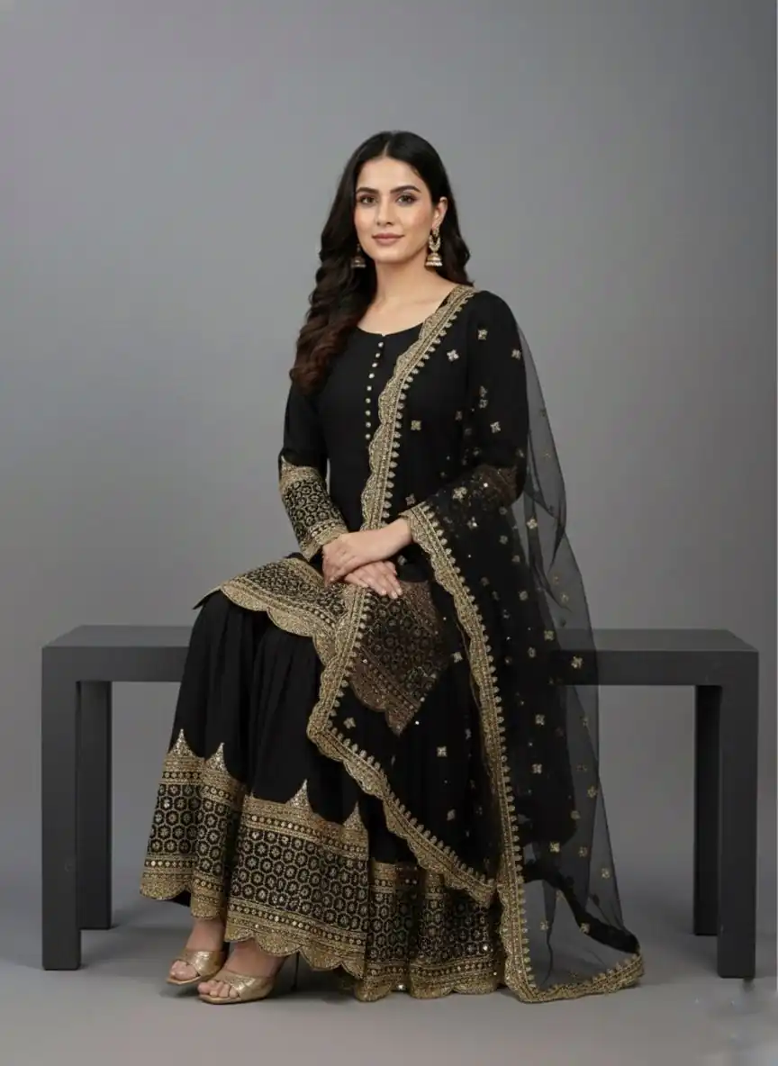 Black Faux Georgette Embroider Salwar Suit | Jump Suits, Salwar suit, Casual Suits, Creative suits, Designer Suits, Palazzo Suits, Party Wear Suits, Patiala Suits, Straight Suits