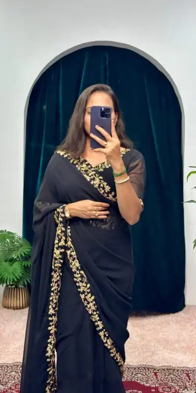 Black Faux Georgette Embroidery Work Border Stitched Saree-Gown | Gowns, Bollywood Gowns, Creative Gowns, Designer Gowns, Embroidered Gowns, Party Wear Gowns, Straight Suits