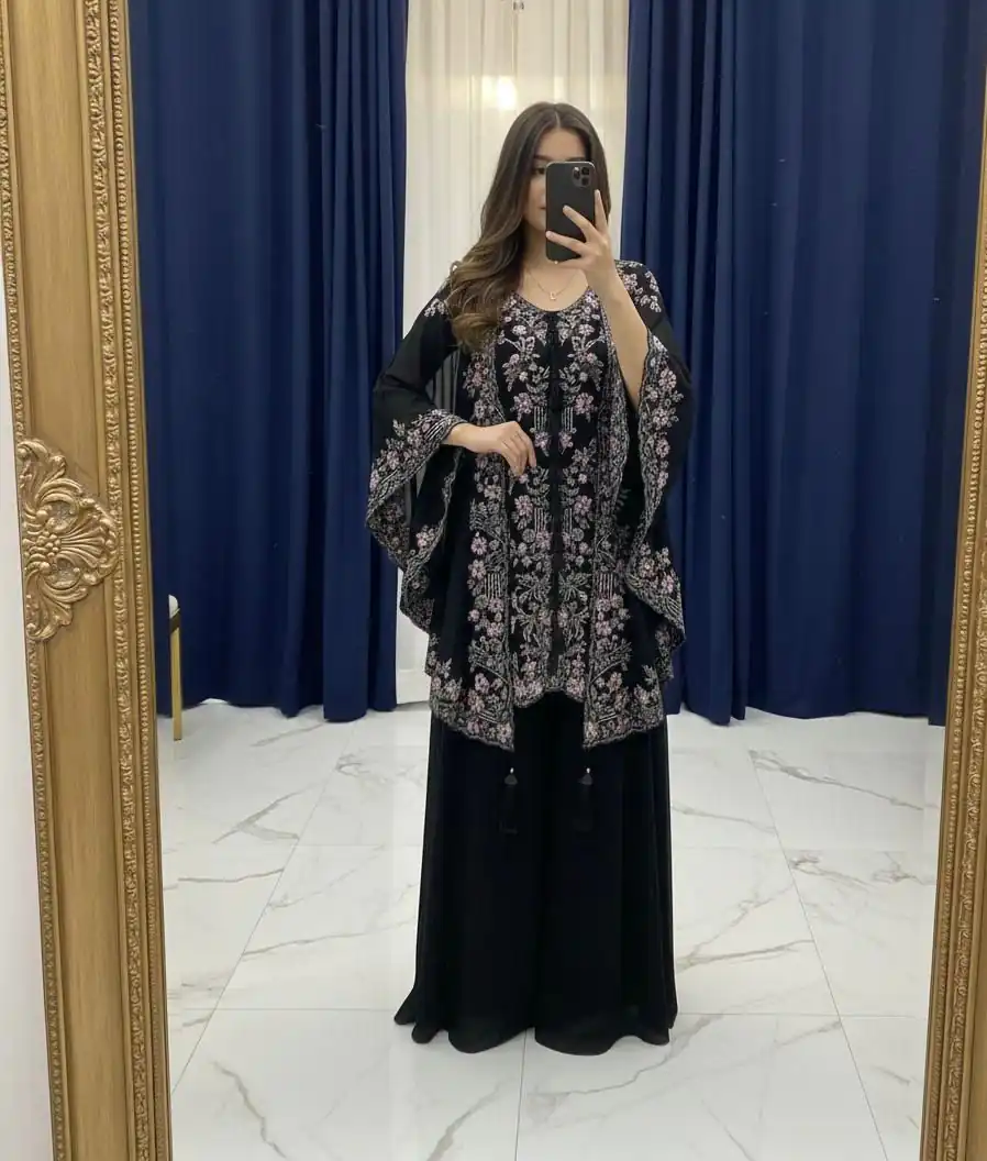 Black Faux Georgette Embroidery Work Salwar Suit | Jump Suits, Salwar suit, Casual Suits, Creative suits, Designer Suits, Palazzo Suits, Party Wear Suits, Patiala Suits, Straight Suits