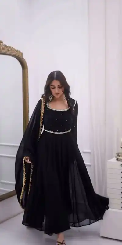 Black Faux Georgette Handwork Work Salwar Suit | Jump Suits, Salwar suit, Casual Suits, Creative suits, Designer Suits, Palazzo Suits, Party Wear Suits, Patiala Suits, Straight Suits