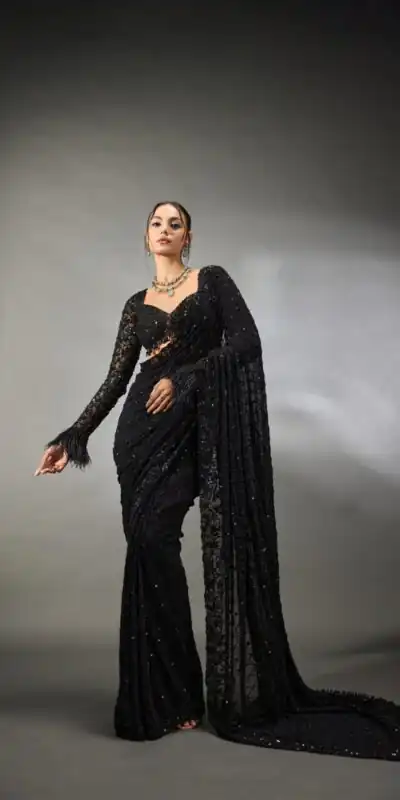 Black Faux Georgette Multi Embroider Work Saree | Sarees, Bollywood Sarees, Creative Sarees, Designer Sarees, Embroidered Sarees, Ethnic Saree, Modern Digital sarees, Party Wear Sarees