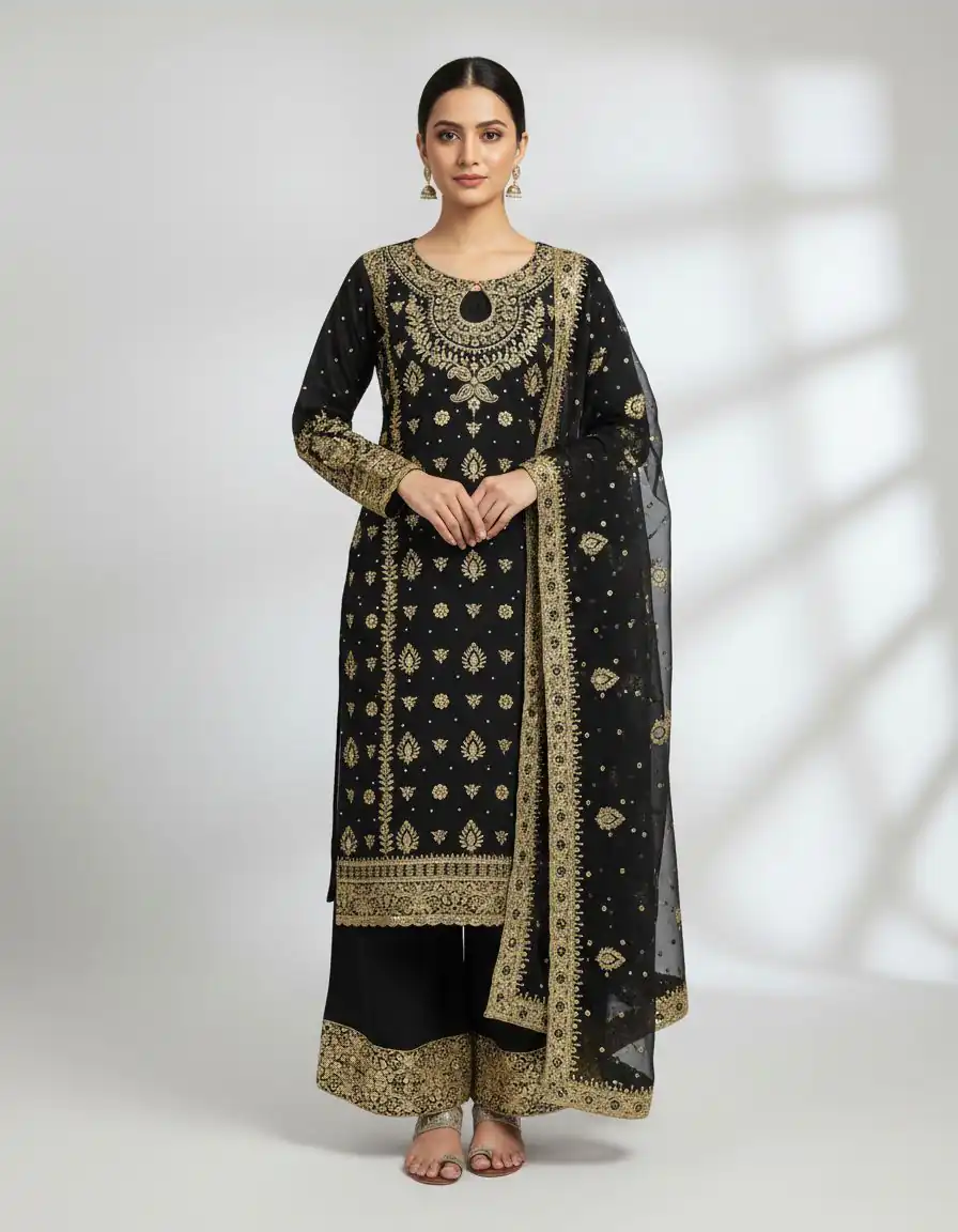 Black Faux Georgette Sequence Work Salwar Suit | Jump Suits, Salwar suit, Casual Suits, Creative suits, Designer Suits, Palazzo Suits, Party Wear Suits, Patiala Suits, Straight Suits