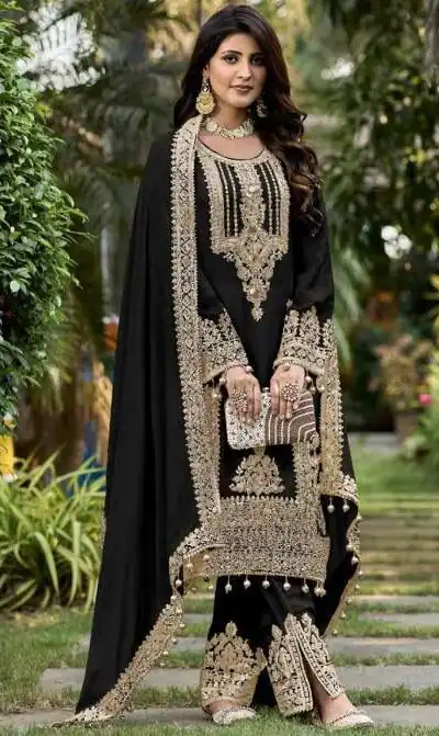 Black Faux Georgette Sequins Work Salwar Suit | Jump Suits, Tops & Bottoms, Track Suits, Salwar suit, Casual Suits, Creative suits, Designer Suits, Palazzo Suits, Party Wear Suits, Patiala Suits, Straight Suits, Trendy Wear