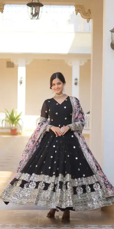 Black Faux Georgette With Embroidery Work Gown | Gowns, Bollywood Gowns, Creative Gowns, Designer Gowns, Embroidered Gowns, Party Wear Gowns