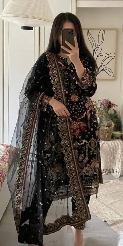 Black Faux Georgette With Sequence Work Salwar Suit | Jump Suits, Salwar suit, Casual Suits, Creative suits, Designer Suits, Palazzo Suits, Party Wear Suits, Patiala Suits, Straight Suits