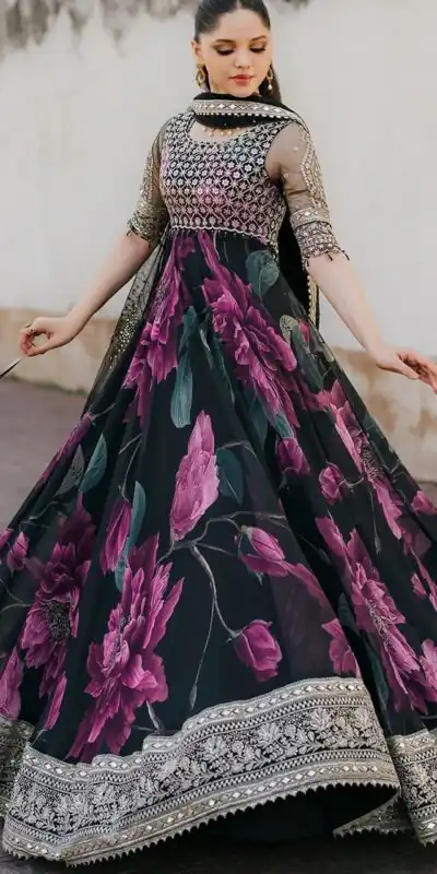 Black Foix Georgette with digital print Anarkali Gown | Gowns, Bollywood Gowns, Creative Gowns, Designer Gowns, Embroidered Gowns, Party Wear Gowns