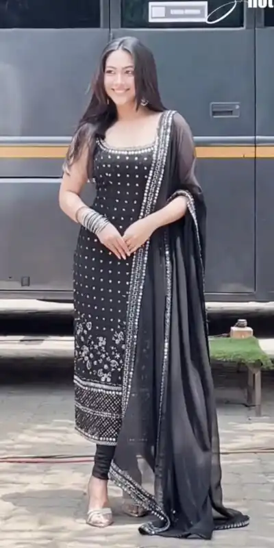 Black Foux Gorgette Mirror Work Salwar Suit | Jump Suits, Tops & Bottoms, Track Suits, Salwar suit, Casual Suits, Creative suits, Designer Suits, Palazzo Suits, Party Wear Suits, Patiala Suits, Straight Suits, Trendy Wear
