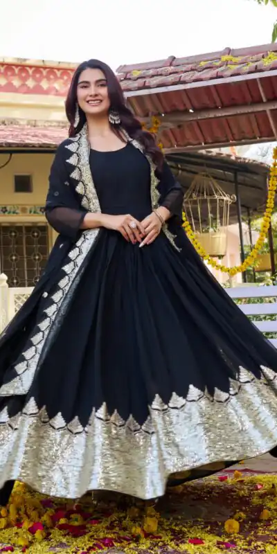 Black Fox Georgette Embroidery Work Gown | Gowns, Bollywood Gowns, Creative Gowns, Designer Gowns, Embroidered Gowns, Party Wear Gowns